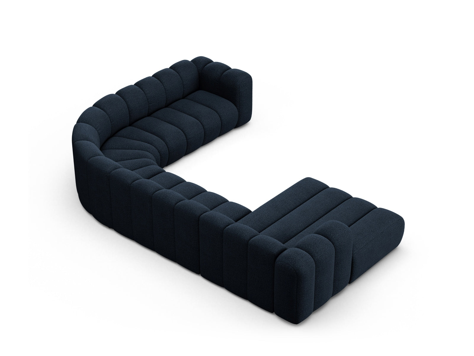 Elegantes, modulares Ecksofa Lupine Boucle in Dunkelblau, 6-Sitzer, ideal für gesellige Abende und stilvolle Wohnräume.