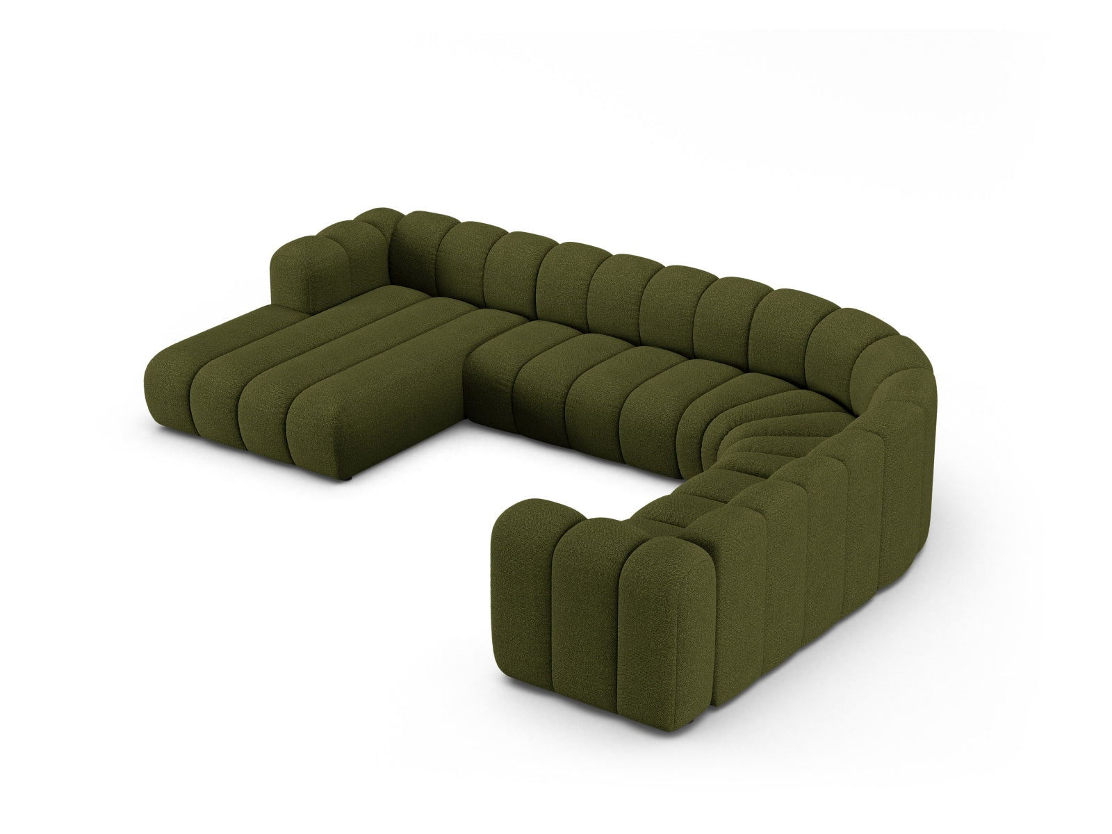 Modulares Ecksofa Lupine Boucle in Dunkeloliv, 6-Sitzer, bietet modernen Komfort und stilvolle Akzente für Ihr Zuhause.