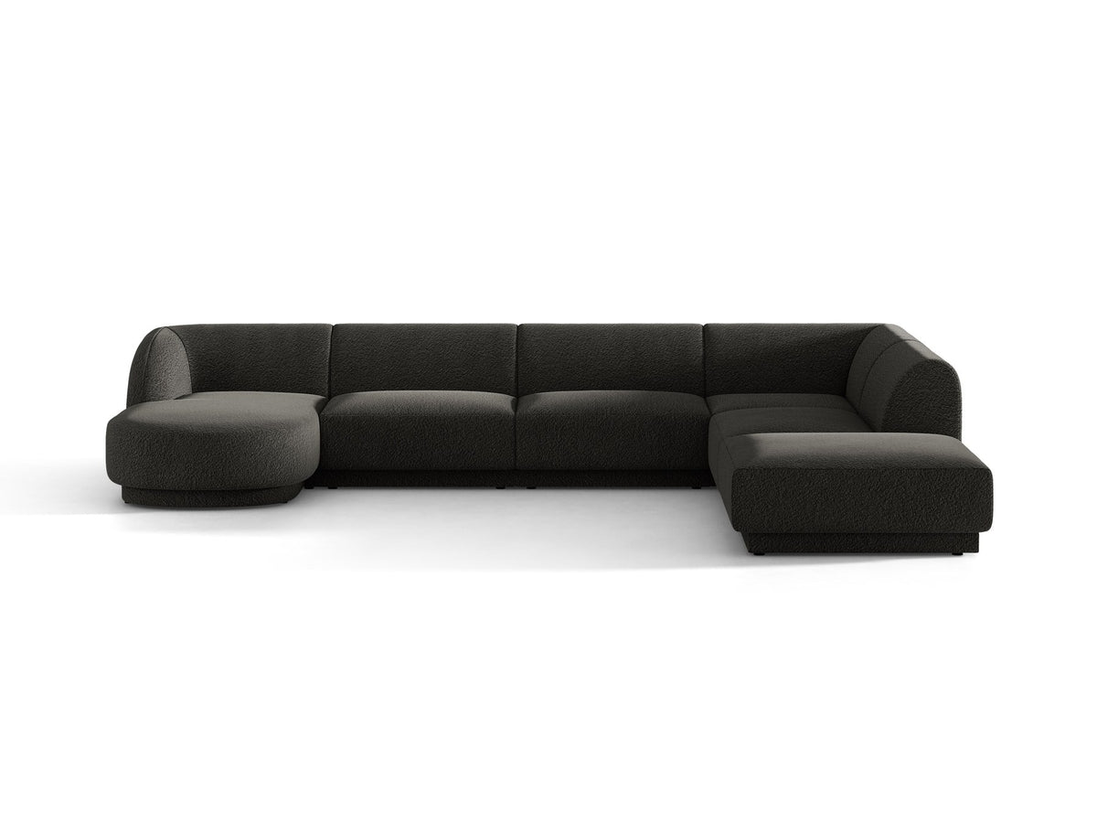 Dunkelbeiges Ecksofa rechts Miley von Micadoni mit Stoffbezug Bluvel, schwarzen Kunststoffbeinen und niedriger Rückenlehne.