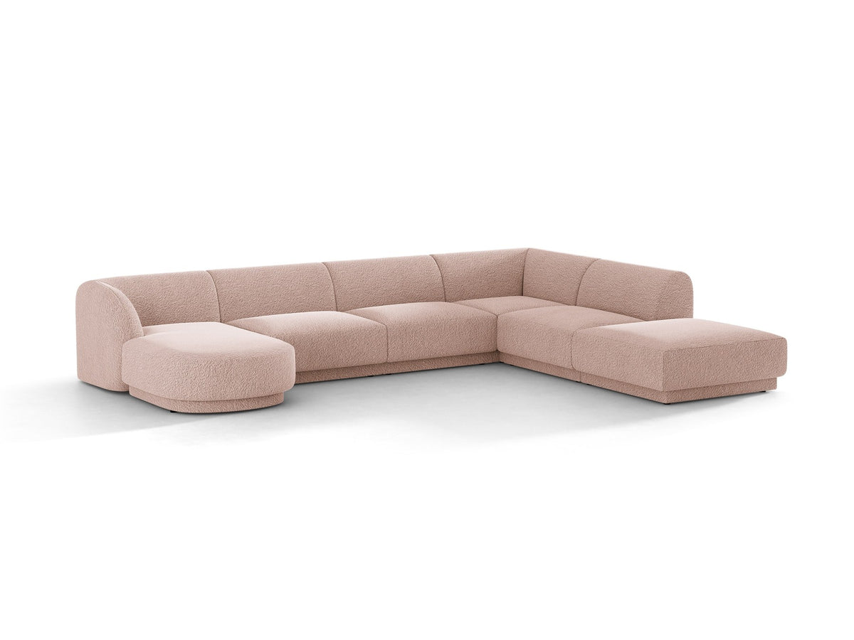 Dunkelbeiges Ecksofa rechts Miley von Micadoni mit Stoffbezug Bluvel, schwarzen Kunststoffbeinen und niedriger Rückenlehne.
