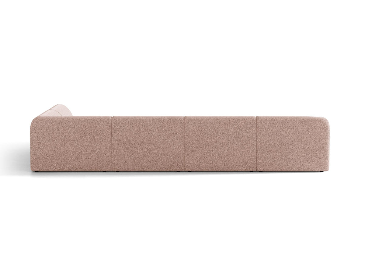 Dunkelbeiges Ecksofa rechts Miley von Micadoni mit Stoffbezug Bluvel, schwarzen Kunststoffbeinen und niedriger Rückenlehne.