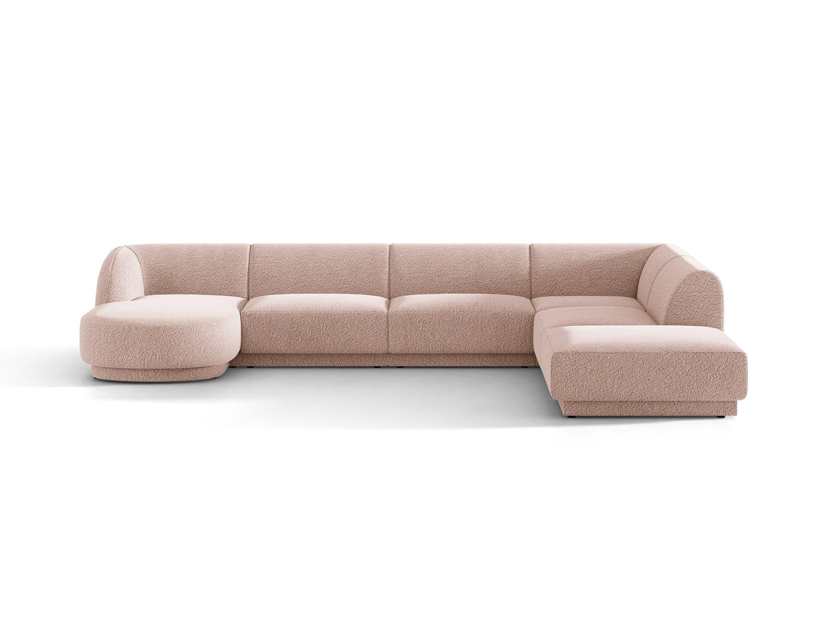 Dunkelbeiges Ecksofa rechts Miley von Micadoni mit Stoffbezug Bluvel, schwarzen Kunststoffbeinen und niedriger Rückenlehne.