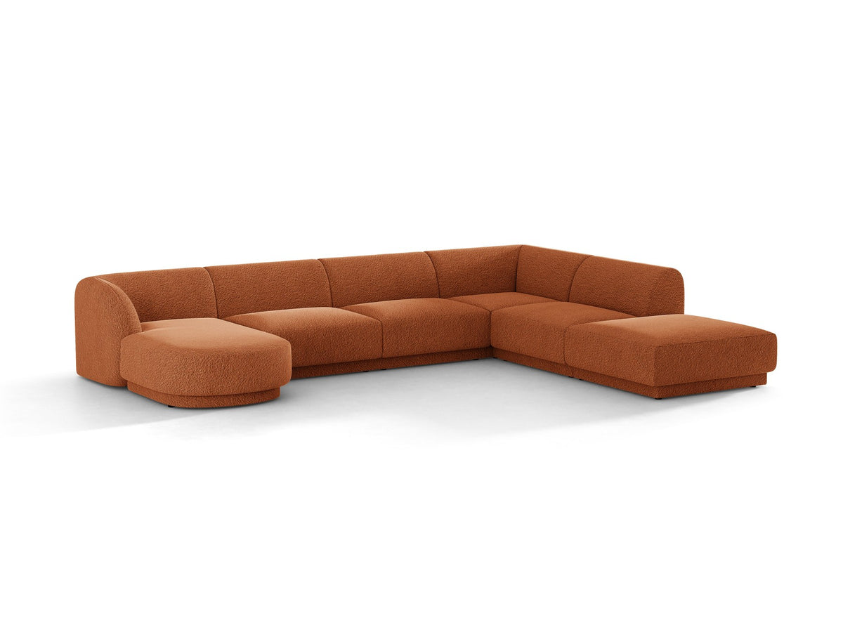 Dunkelbeiges Ecksofa rechts Miley von Micadoni mit Stoffbezug Bluvel, schwarzen Kunststoffbeinen und niedriger Rückenlehne.