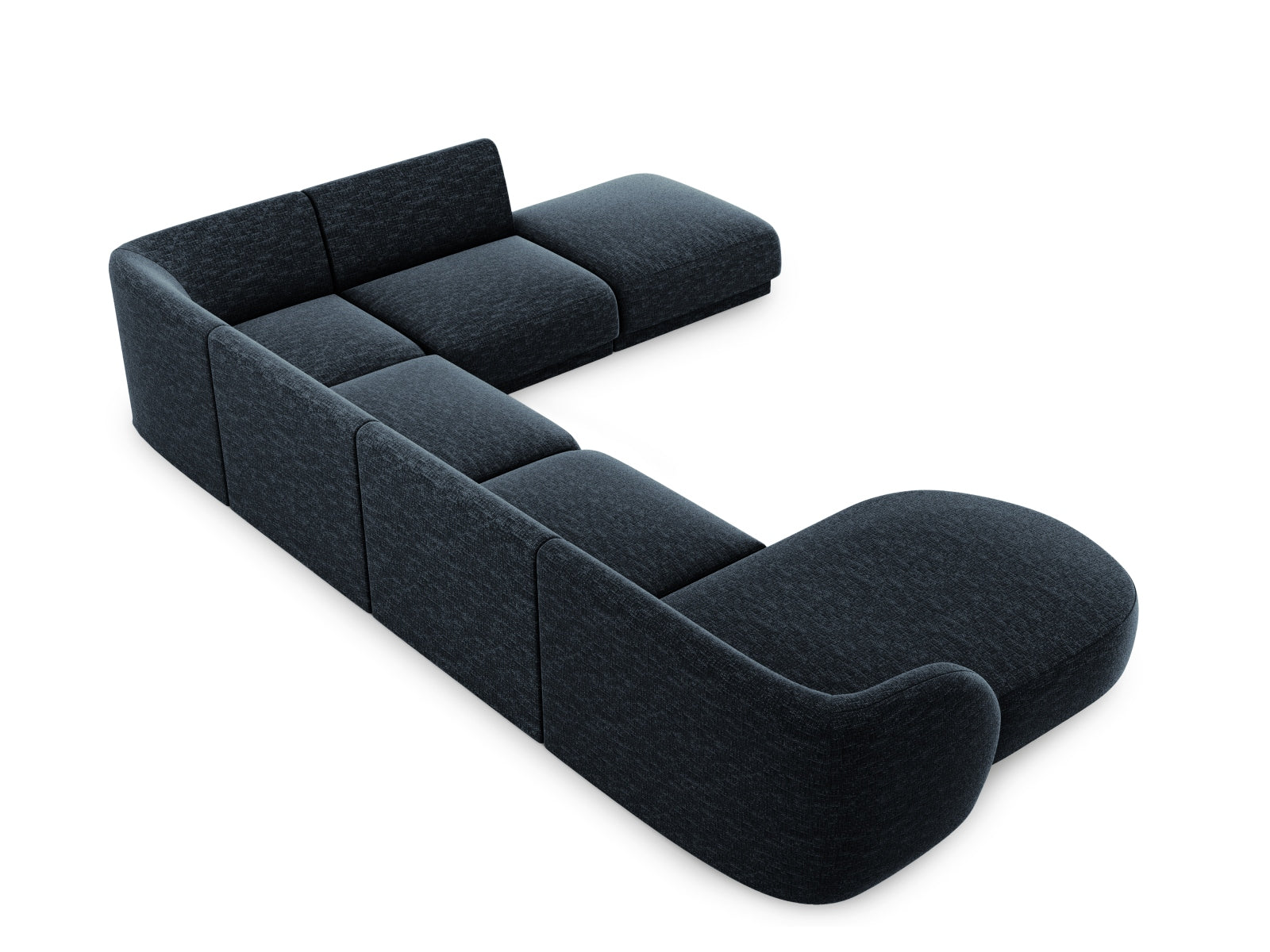 Modernes Miley Panoramic Ecksofa rechts für 6 Personen in Royal Blue-Haga, perfekt für gesellige Runden und entspannte Stunden im Wohnzimmer.