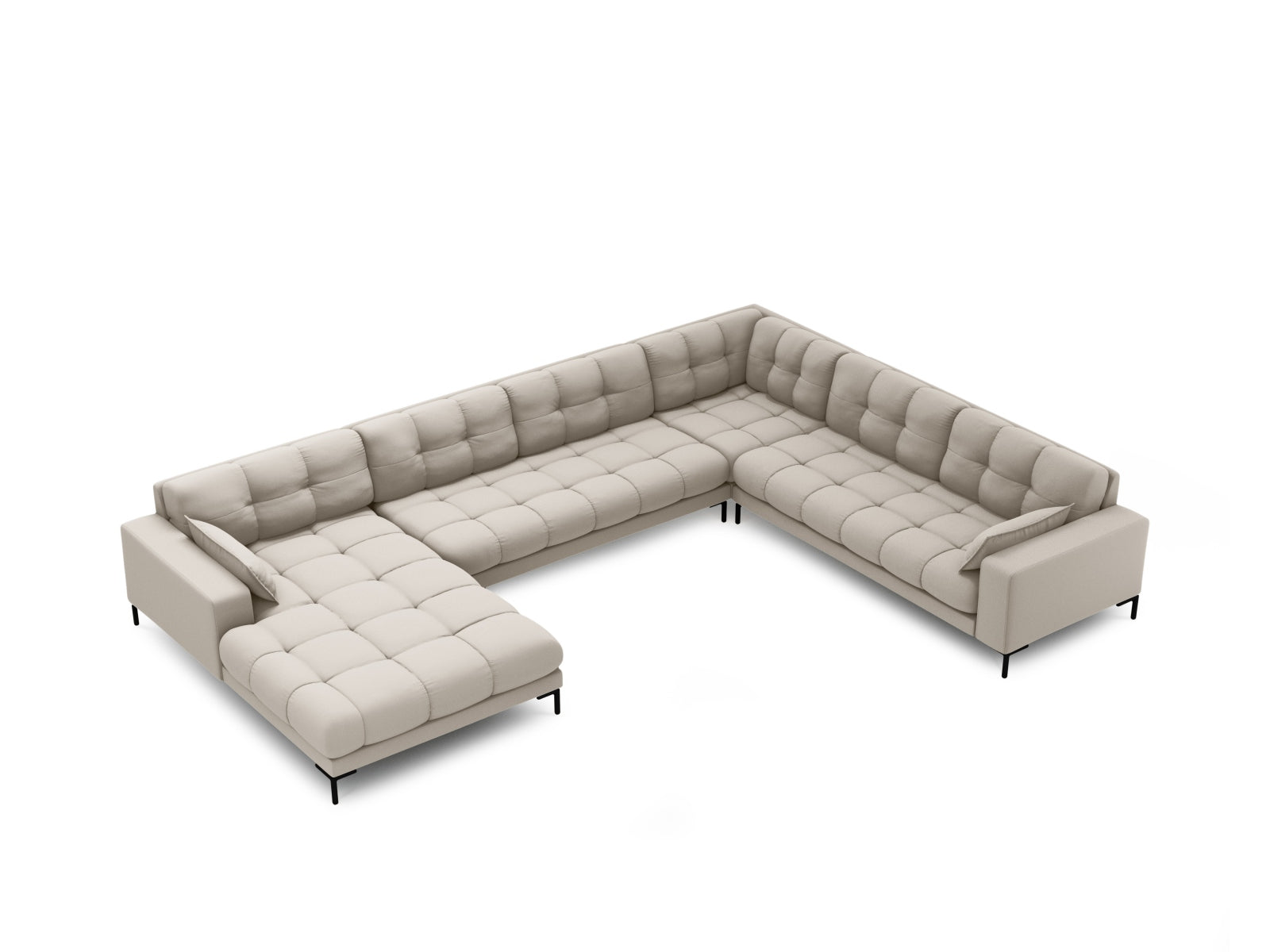 Elegantes Mamaia Panoramic Ecksofa rechts in Beige und Schwarz, 7 Sitzer, perfekt für gemütliche Zusammenkünfte und stilvolle Einrichtung.