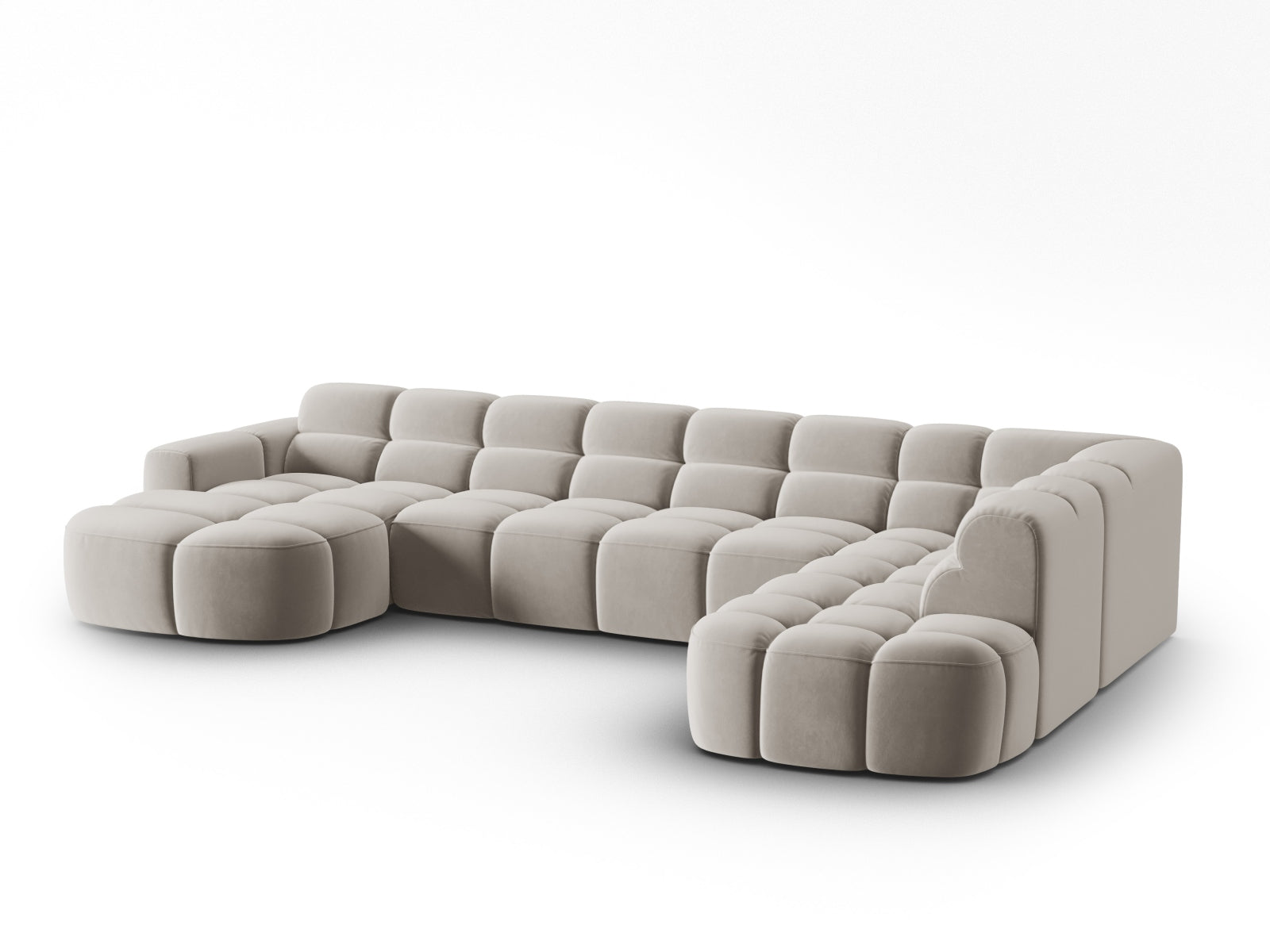 Erleben Sie das stilvolle Lisa Velour Panoramic Ecksofa rechts 7 Sitzer von Micadoni. Perfekt für Ihr modernes Zuhause, vereint es Komfort und Eleganz.