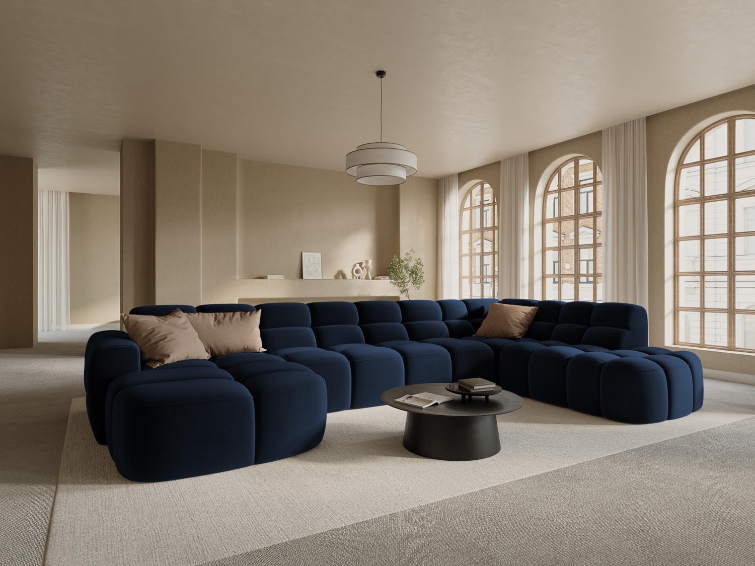 Erleben Sie das stilvolle Lisa Velour Panoramic Ecksofa rechts 7 Sitzer von Micadoni. Perfekt für Ihr modernes Zuhause, vereint es Komfort und Eleganz.