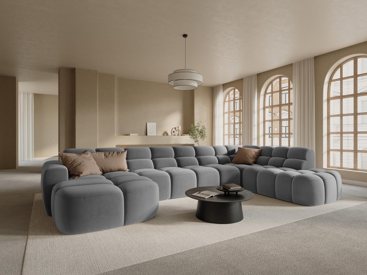 Erleben Sie das stilvolle Lisa Velour Panoramic Ecksofa rechts 7 Sitzer von Micadoni. Perfekt für Ihr modernes Zuhause, vereint es Komfort und Eleganz.