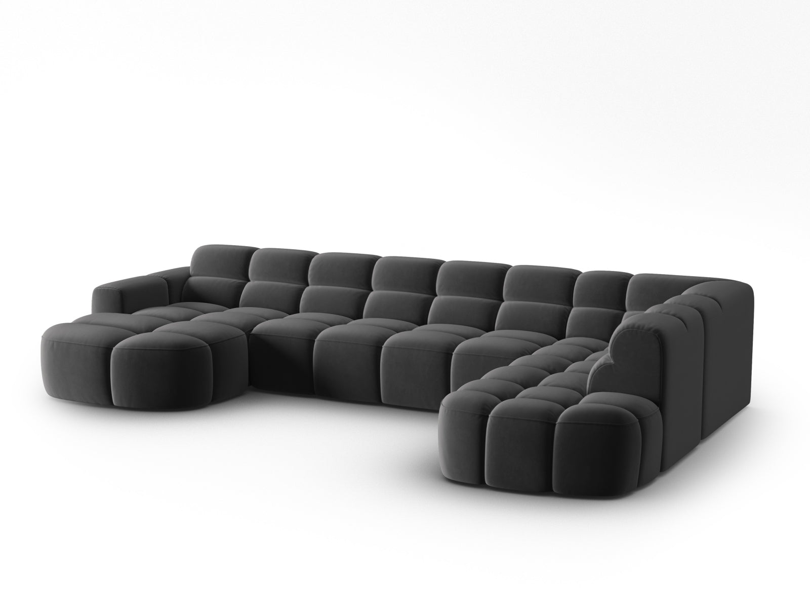 Erleben Sie das stilvolle Lisa Velour Panoramic Ecksofa rechts 7 Sitzer von Micadoni. Perfekt für Ihr modernes Zuhause, vereint es Komfort und Eleganz.