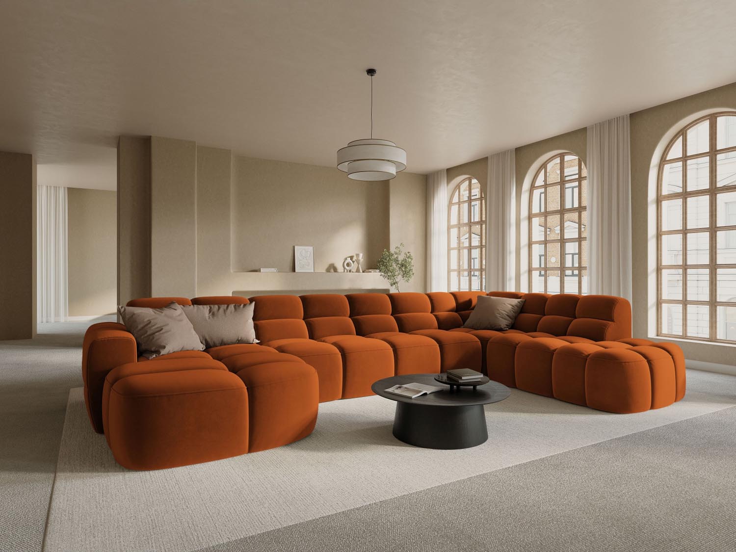 Erleben Sie das stilvolle Lisa Velour Panoramic Ecksofa rechts 7 Sitzer von Micadoni. Perfekt für Ihr modernes Zuhause, vereint es Komfort und Eleganz.