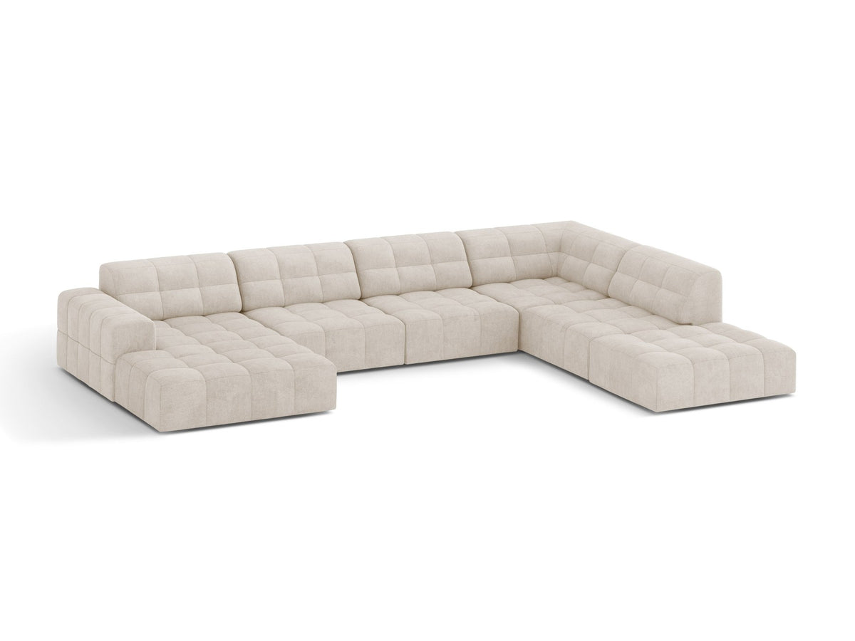 Panoramasofa Jennifer von Micadoni in leichtem Beige, Ecksofa rechts mit Bluvel-Stoffbezug, Rückenlehne und schwarzen Kunststoffbeinen aus Polypropylen.