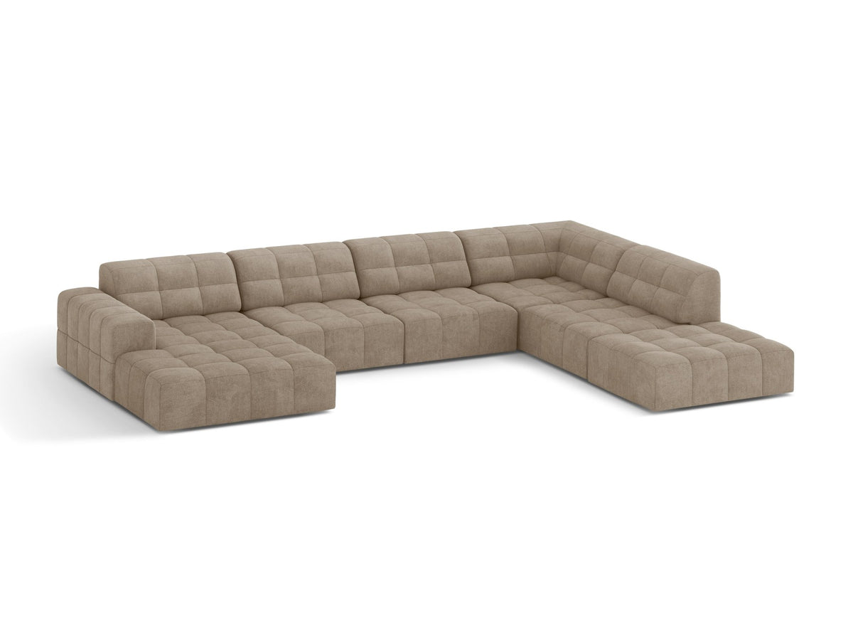 Panoramasofa Jennifer von Micadoni in leichtem Beige, Ecksofa rechts mit Bluvel-Stoffbezug, Rückenlehne und schwarzen Kunststoffbeinen aus Polypropylen.