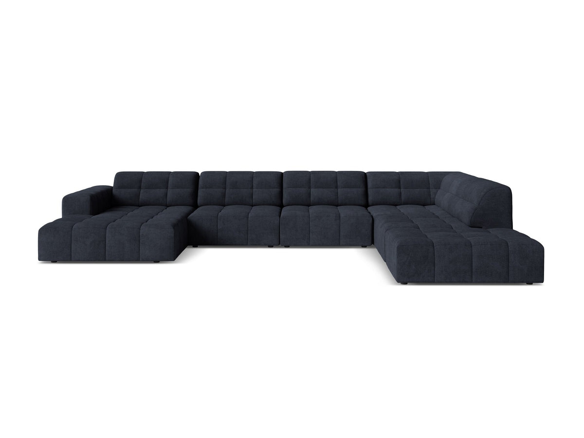 Panoramasofa Jennifer von Micadoni in leichtem Beige, Ecksofa rechts mit Bluvel-Stoffbezug, Rückenlehne und schwarzen Kunststoffbeinen aus Polypropylen.