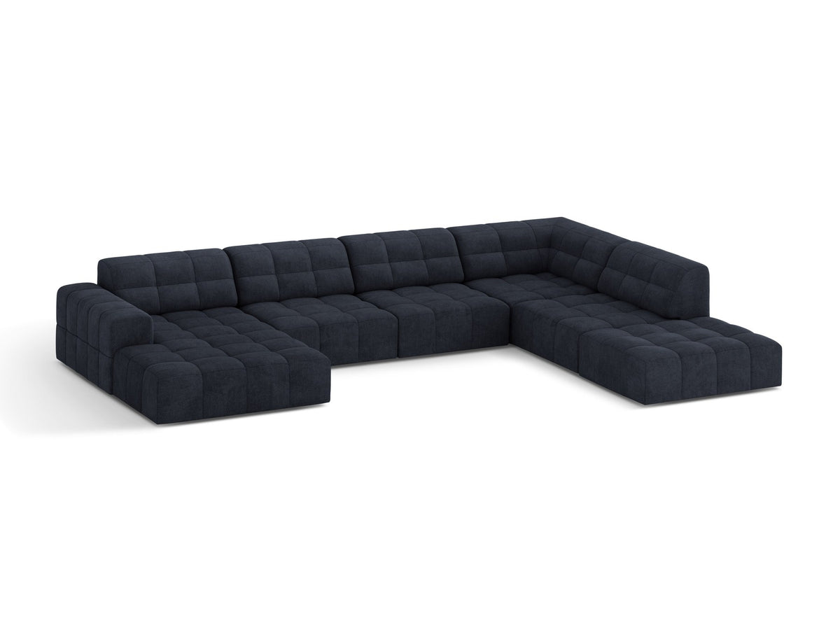 Panoramasofa Jennifer von Micadoni in leichtem Beige, Ecksofa rechts mit Bluvel-Stoffbezug, Rückenlehne und schwarzen Kunststoffbeinen aus Polypropylen.