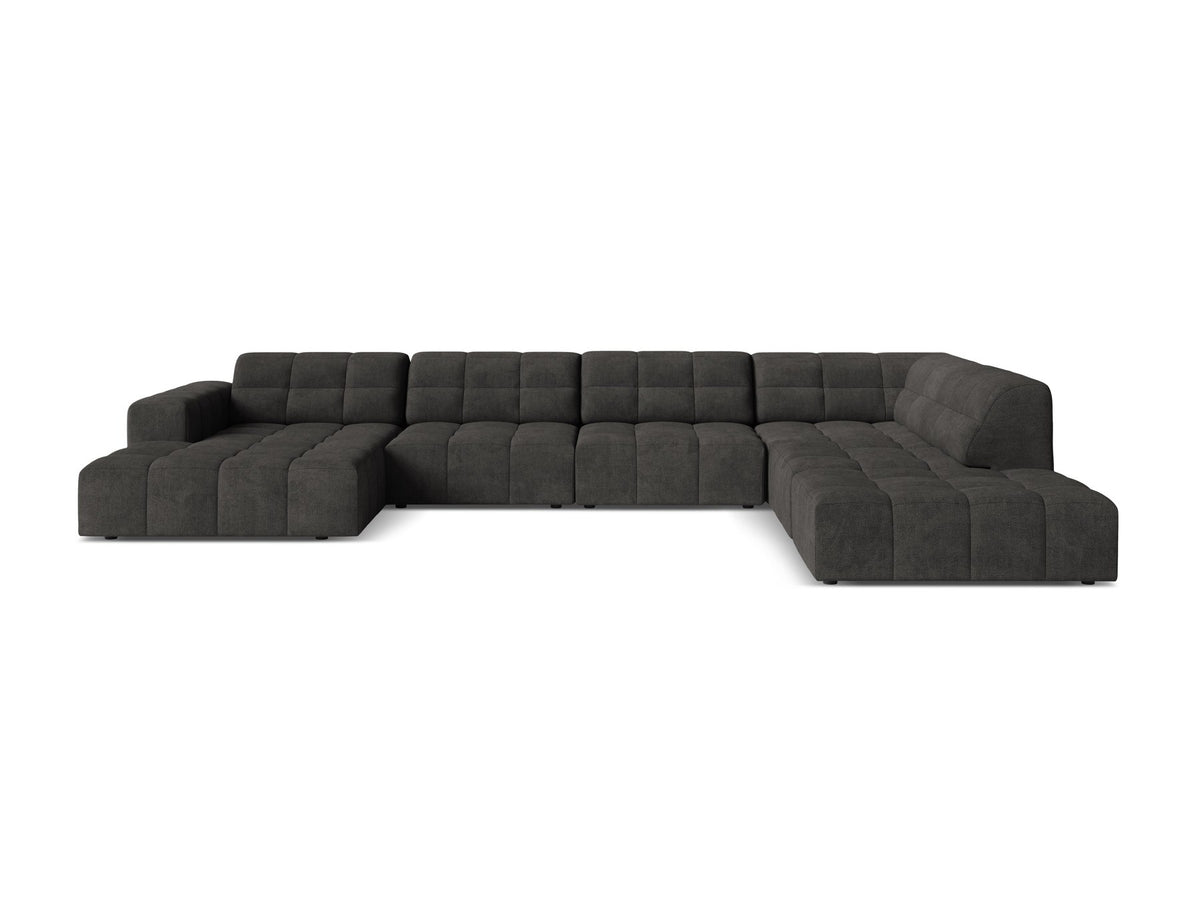 Panoramasofa Jennifer von Micadoni in leichtem Beige, Ecksofa rechts mit Bluvel-Stoffbezug, Rückenlehne und schwarzen Kunststoffbeinen aus Polypropylen.