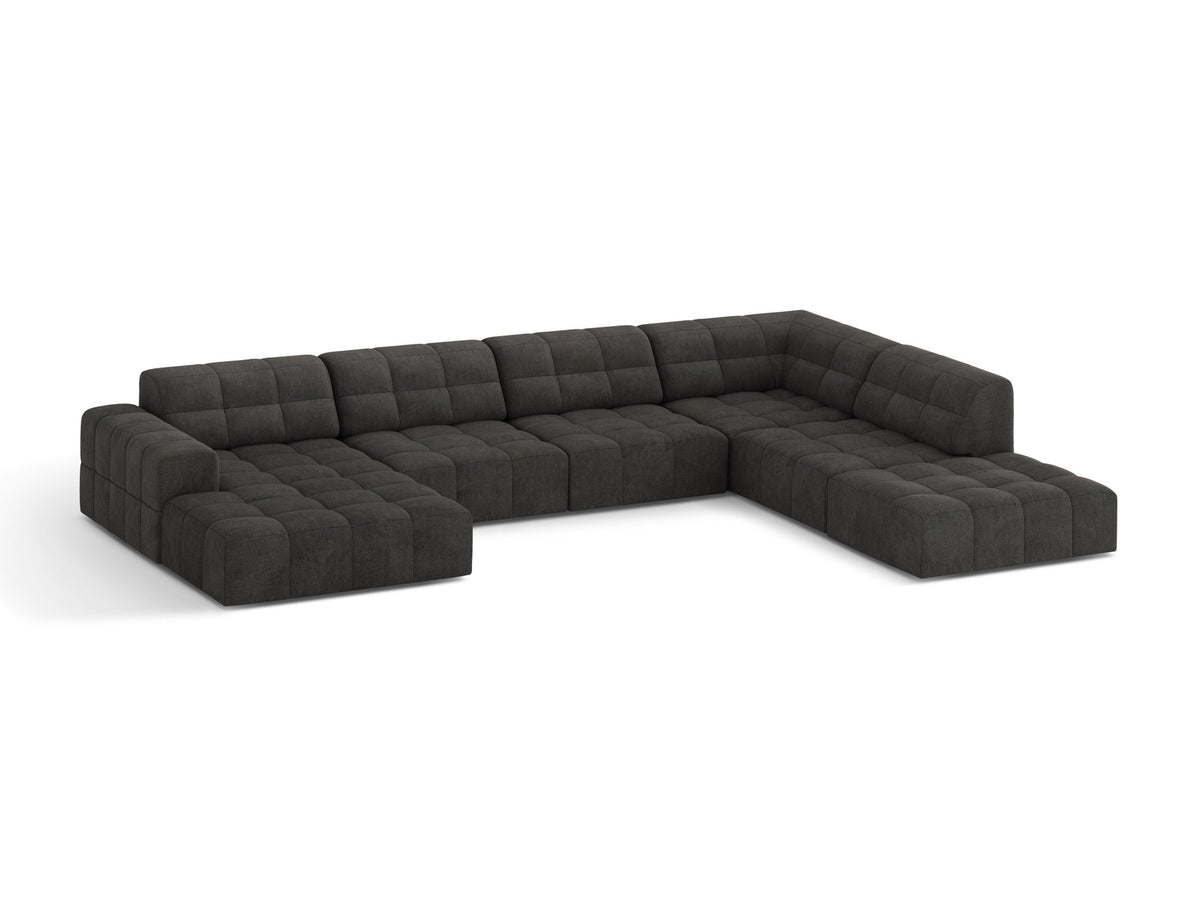 Panoramasofa Jennifer von Micadoni in leichtem Beige, Ecksofa rechts mit Bluvel-Stoffbezug, Rückenlehne und schwarzen Kunststoffbeinen aus Polypropylen.