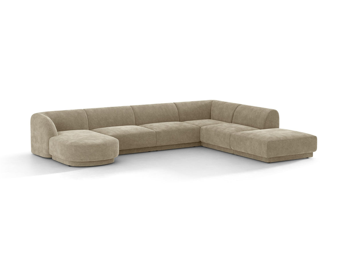 Dunkelbeiges Ecksofa rechts Miley von Micadoni mit Stoffbezug Bluvel, schwarzen Kunststoffbeinen und niedriger Rückenlehne.