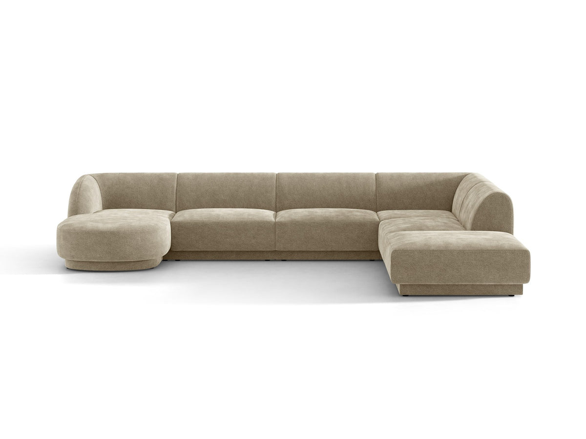 Dunkelbeiges Ecksofa rechts Miley von Micadoni mit Stoffbezug Bluvel, schwarzen Kunststoffbeinen und niedriger Rückenlehne.