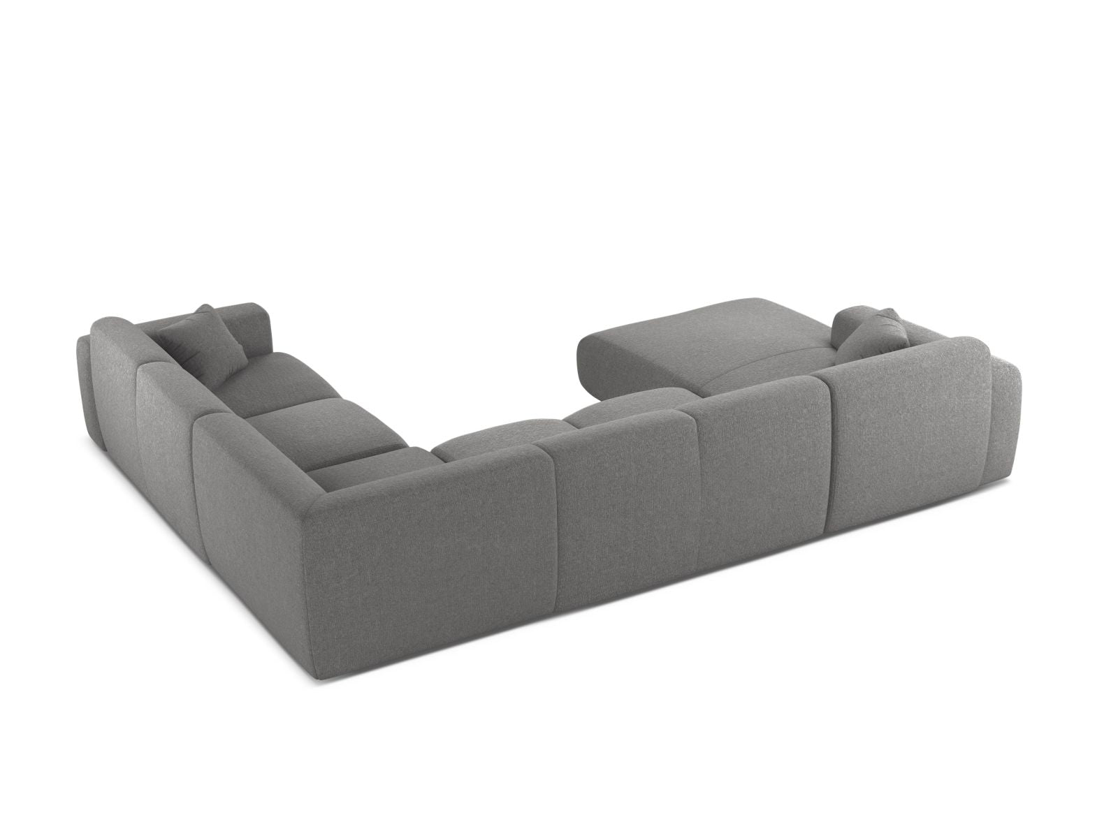 Modulares 6-Sitzer Ecksofa Molino in sanftem Grau, perfekt für gesellige Runden und stilvolle Einrichtung in jedem Wohnzimmer.