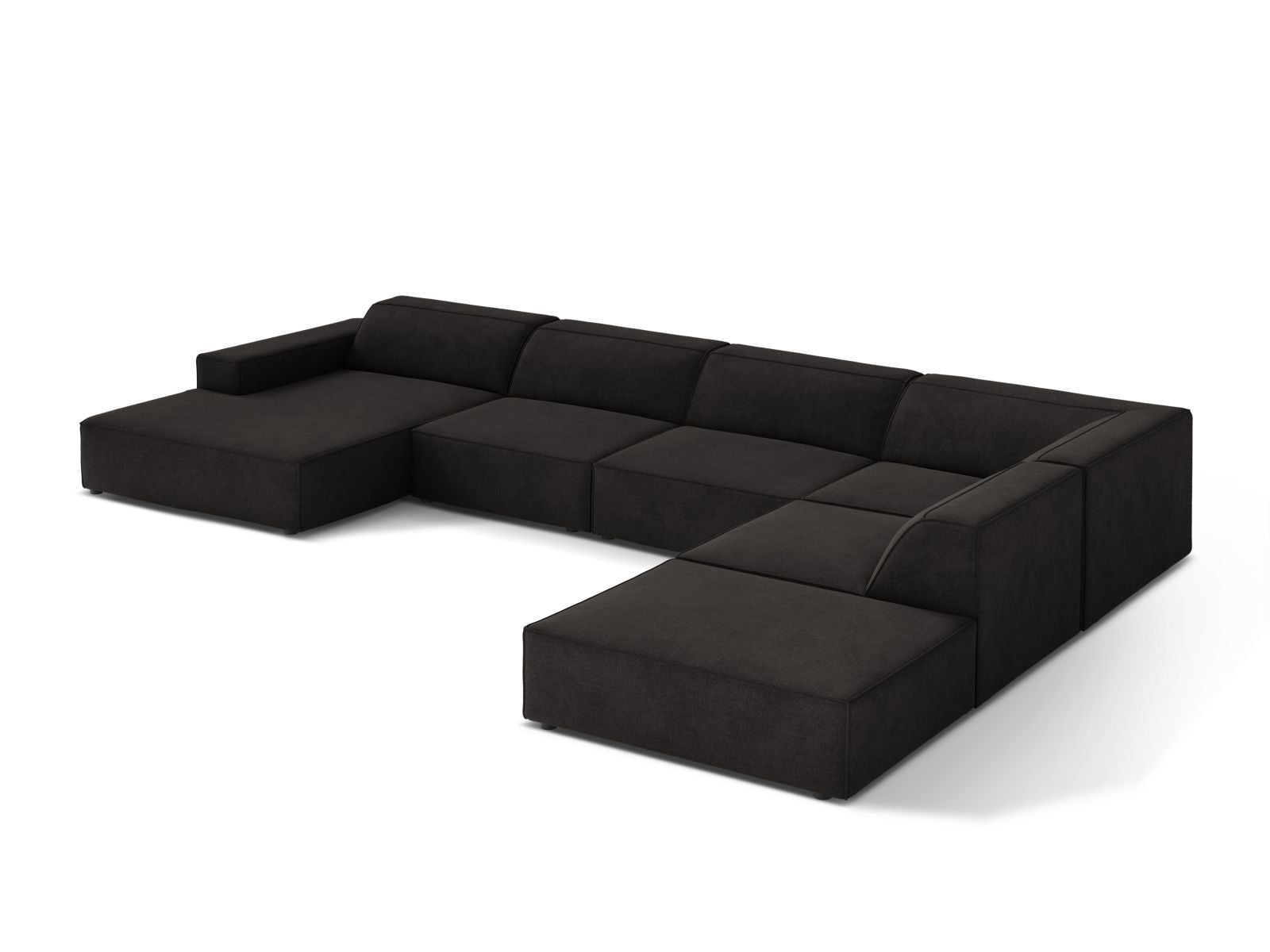 Elegantes 7-Sitzer Ecksofa Jodie in Schwarz, ideal für moderne Wohnräume, vereint Funktionalität und Stil für entspannte Stunden.