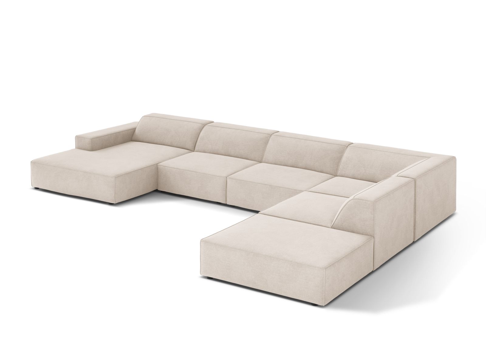 Beige 7-Sitzer Ecksofa Jodie von Micadoni, stilvolles, modulares Design für einladende Wohnräume mit einem Hauch von Eleganz.
