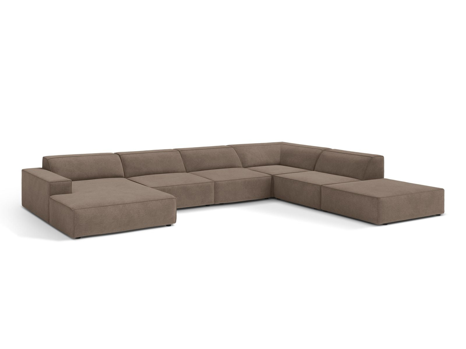 Elegantes 7-Sitzer Ecksofa Jodie in Cappuccino-Liberty, ideal für moderne Wohnräume, bietet Komfort und Stil in einer modularen Form.