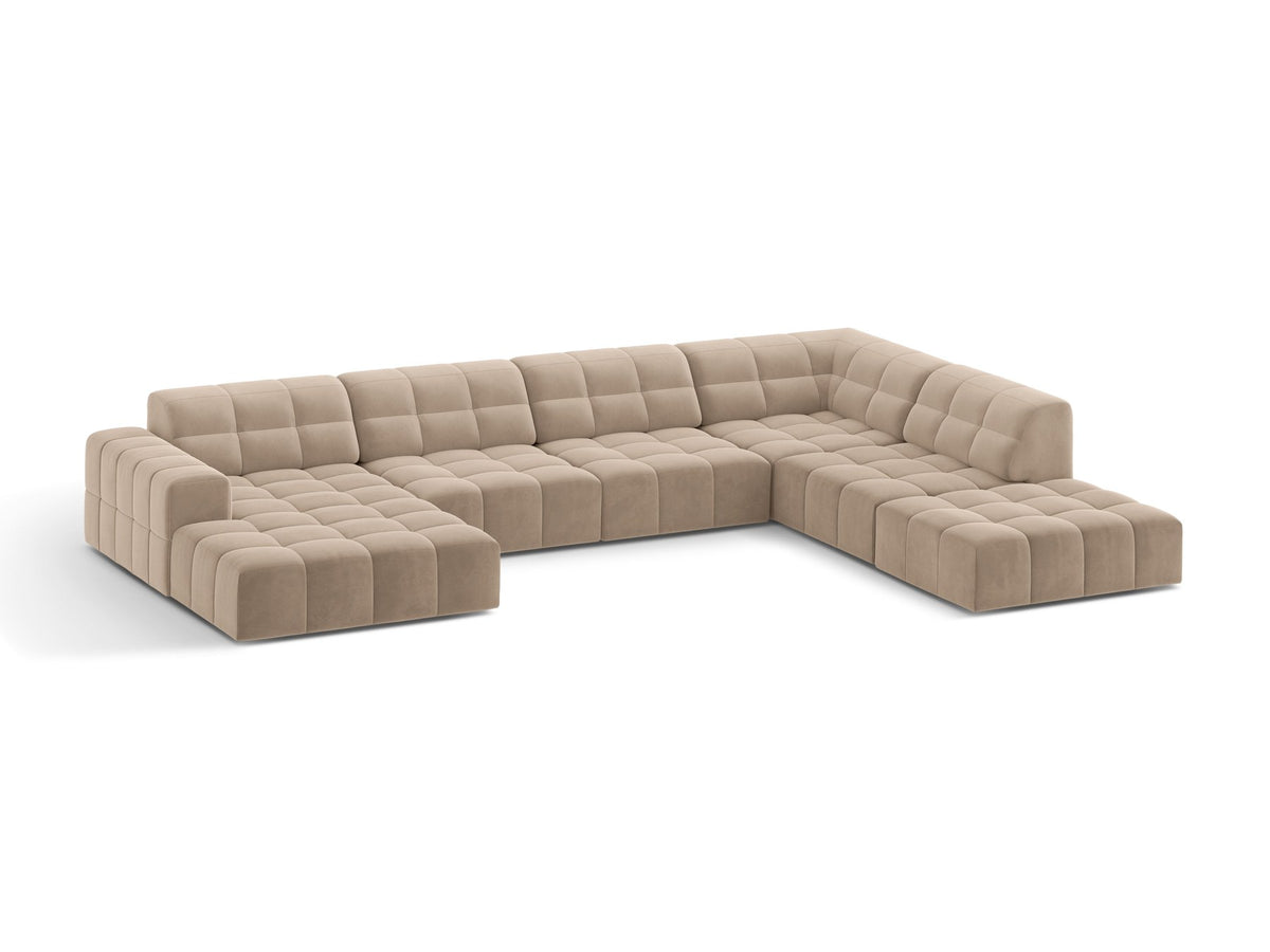 Panoramasofa Jennifer von Micadoni in leichtem Beige, Ecksofa rechts mit Bluvel-Stoffbezug, Rückenlehne und schwarzen Kunststoffbeinen aus Polypropylen.