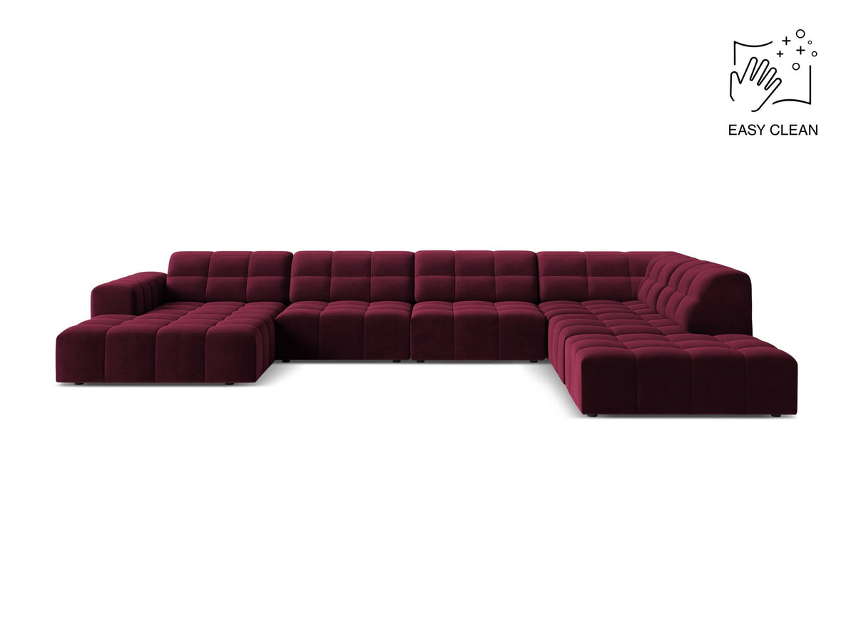 Panoramasofa Jennifer von Micadoni in leichtem Beige, Ecksofa rechts mit Bluvel-Stoffbezug, Rückenlehne und schwarzen Kunststoffbeinen aus Polypropylen.