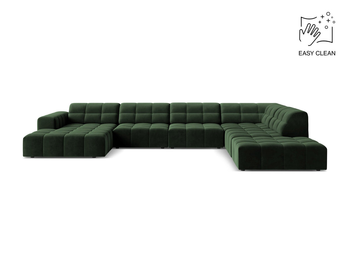 Panoramasofa Jennifer von Micadoni in leichtem Beige, Ecksofa rechts mit Bluvel-Stoffbezug, Rückenlehne und schwarzen Kunststoffbeinen aus Polypropylen.
