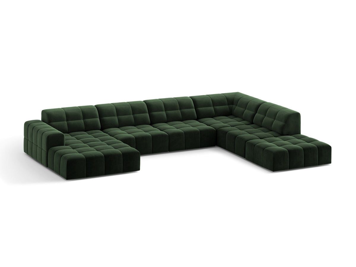 Panoramasofa Jennifer von Micadoni in leichtem Beige, Ecksofa rechts mit Bluvel-Stoffbezug, Rückenlehne und schwarzen Kunststoffbeinen aus Polypropylen.