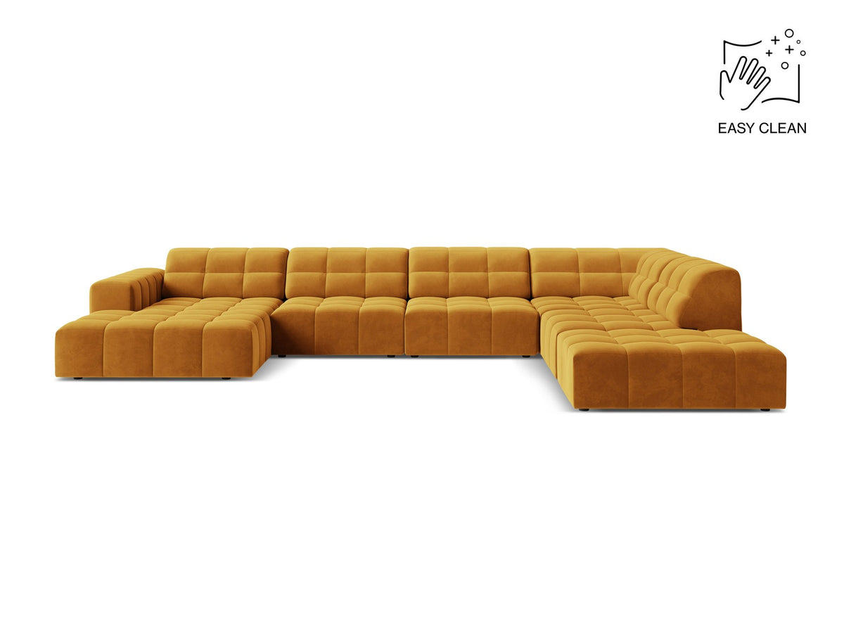 Panoramasofa Jennifer von Micadoni in leichtem Beige, Ecksofa rechts mit Bluvel-Stoffbezug, Rückenlehne und schwarzen Kunststoffbeinen aus Polypropylen.