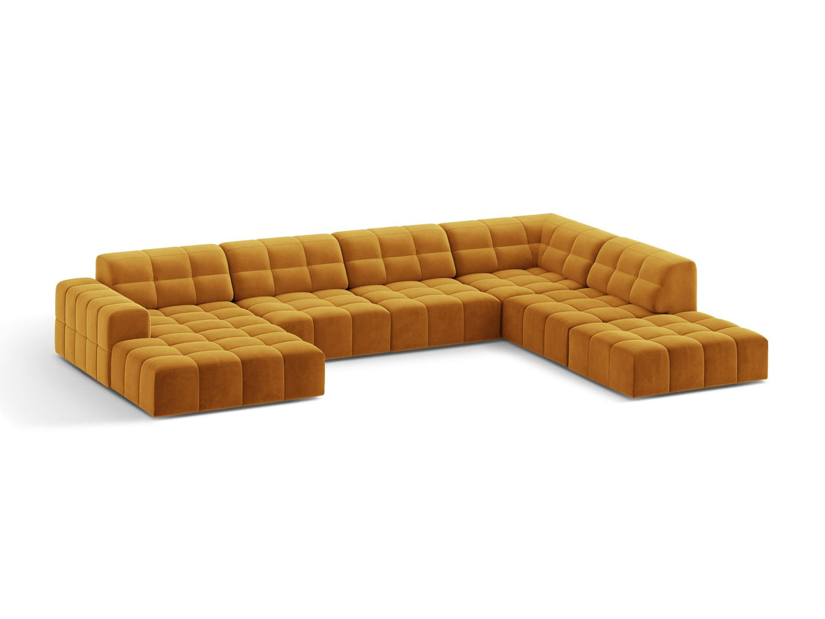 Panoramasofa Jennifer von Micadoni in leichtem Beige, Ecksofa rechts mit Bluvel-Stoffbezug, Rückenlehne und schwarzen Kunststoffbeinen aus Polypropylen.