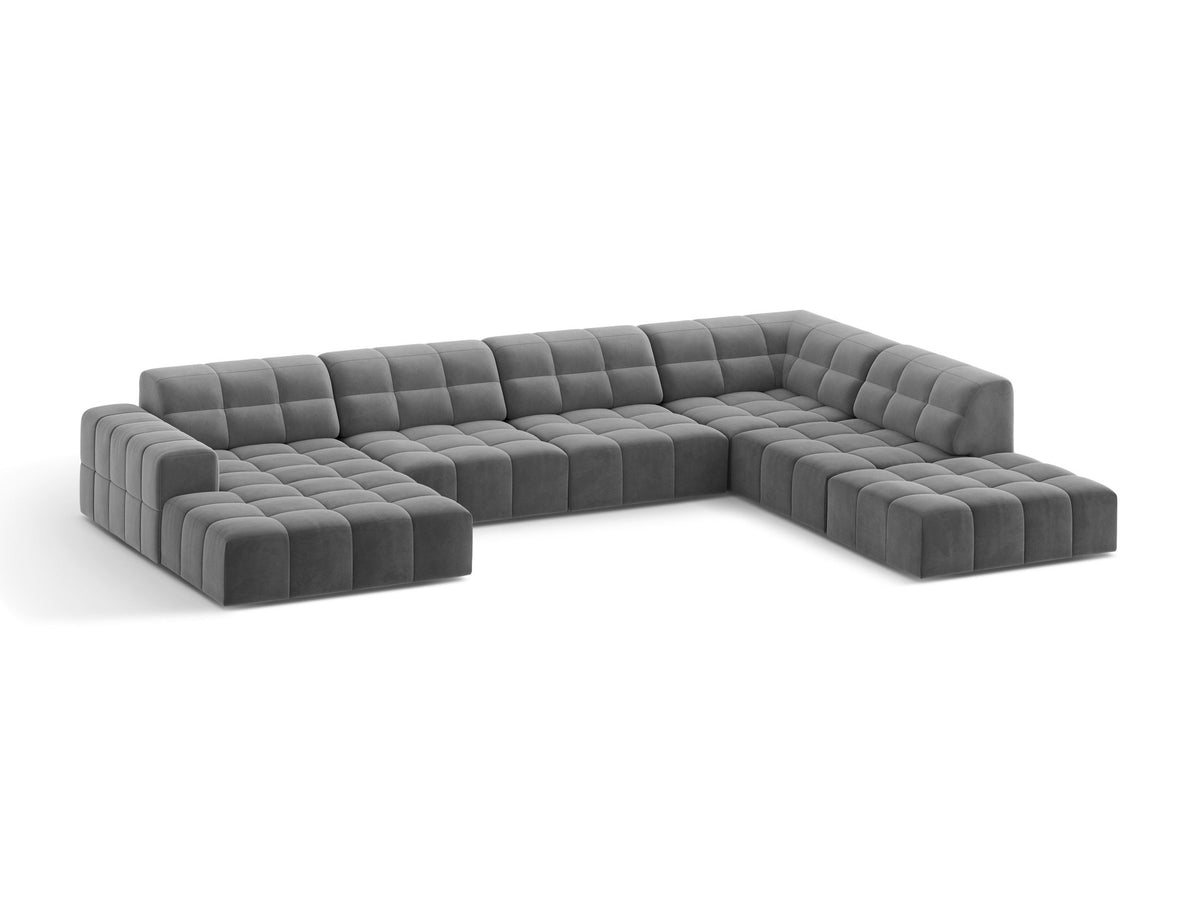 Panoramasofa Jennifer von Micadoni in leichtem Beige, Ecksofa rechts mit Bluvel-Stoffbezug, Rückenlehne und schwarzen Kunststoffbeinen aus Polypropylen.