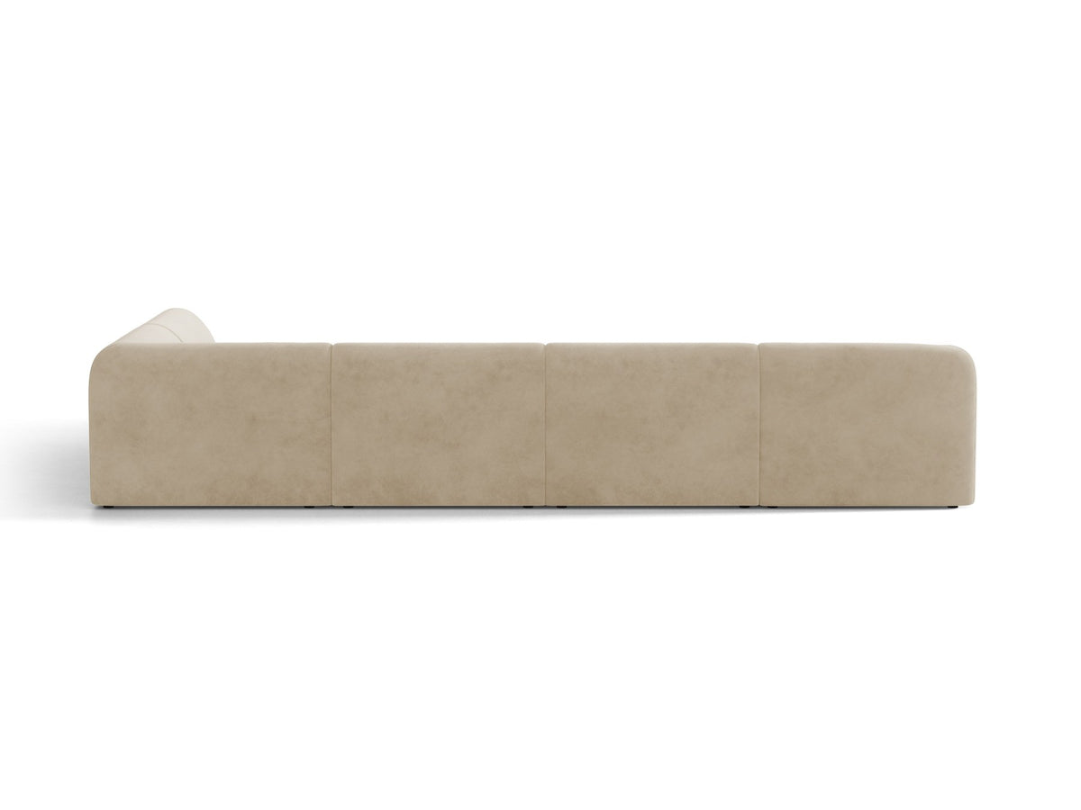 Dunkelbeiges Ecksofa rechts Miley von Micadoni mit Stoffbezug Bluvel, schwarzen Kunststoffbeinen und niedriger Rückenlehne.