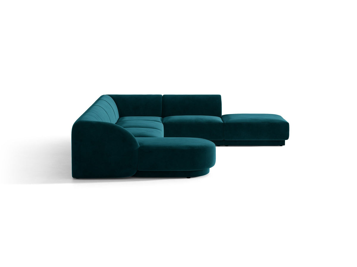Dunkelbeiges Ecksofa rechts Miley von Micadoni mit Stoffbezug Bluvel, schwarzen Kunststoffbeinen und niedriger Rückenlehne.