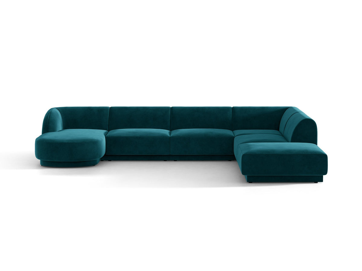Dunkelbeiges Ecksofa rechts Miley von Micadoni mit Stoffbezug Bluvel, schwarzen Kunststoffbeinen und niedriger Rückenlehne.
