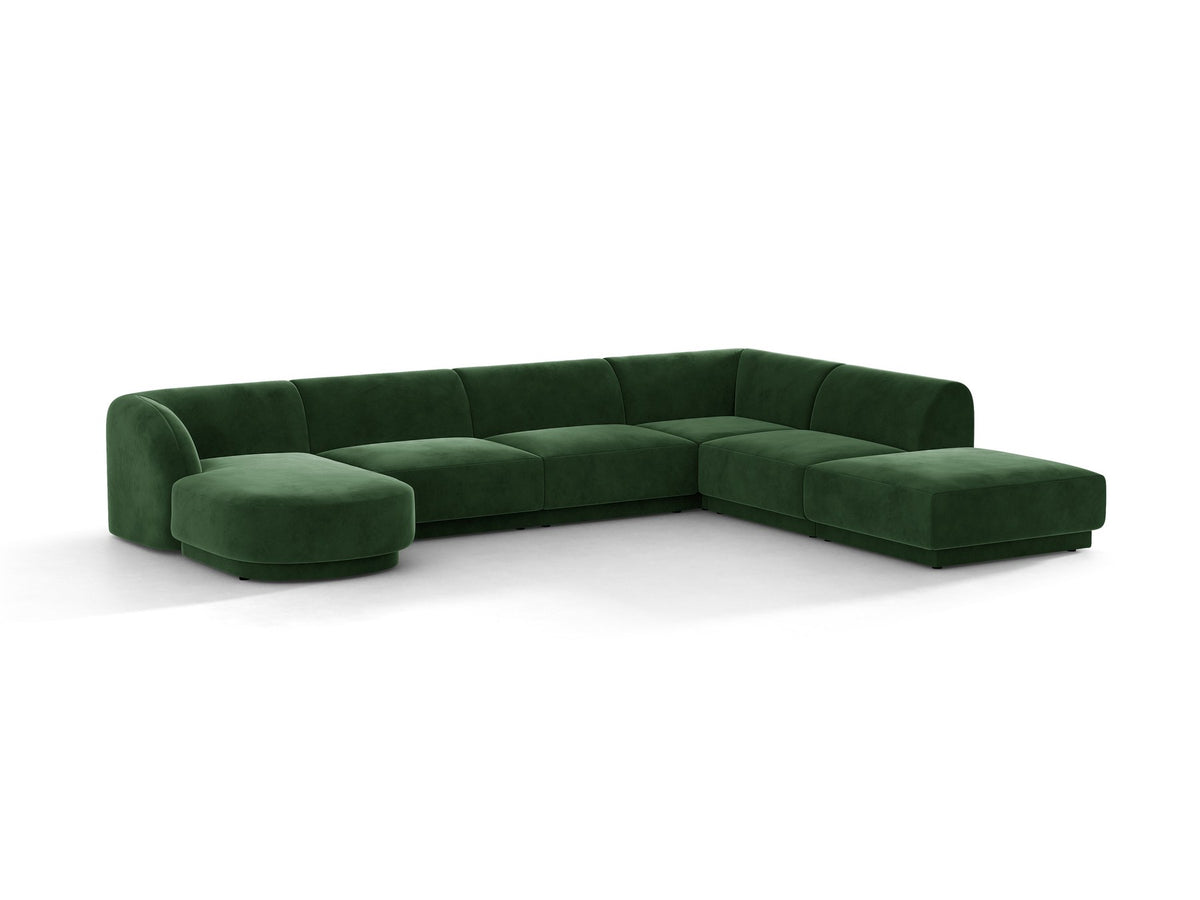 Dunkelbeiges Ecksofa rechts Miley von Micadoni mit Stoffbezug Bluvel, schwarzen Kunststoffbeinen und niedriger Rückenlehne.