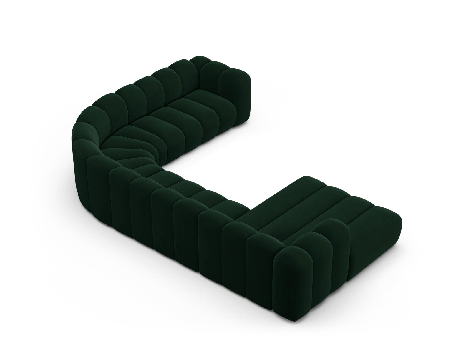Elegantes, modulares Ecksofa in Flaschengrün, ideal für stilvolle Wohnräume. Bequem und vielseitig, gefertigt aus hochwertigem Velour.