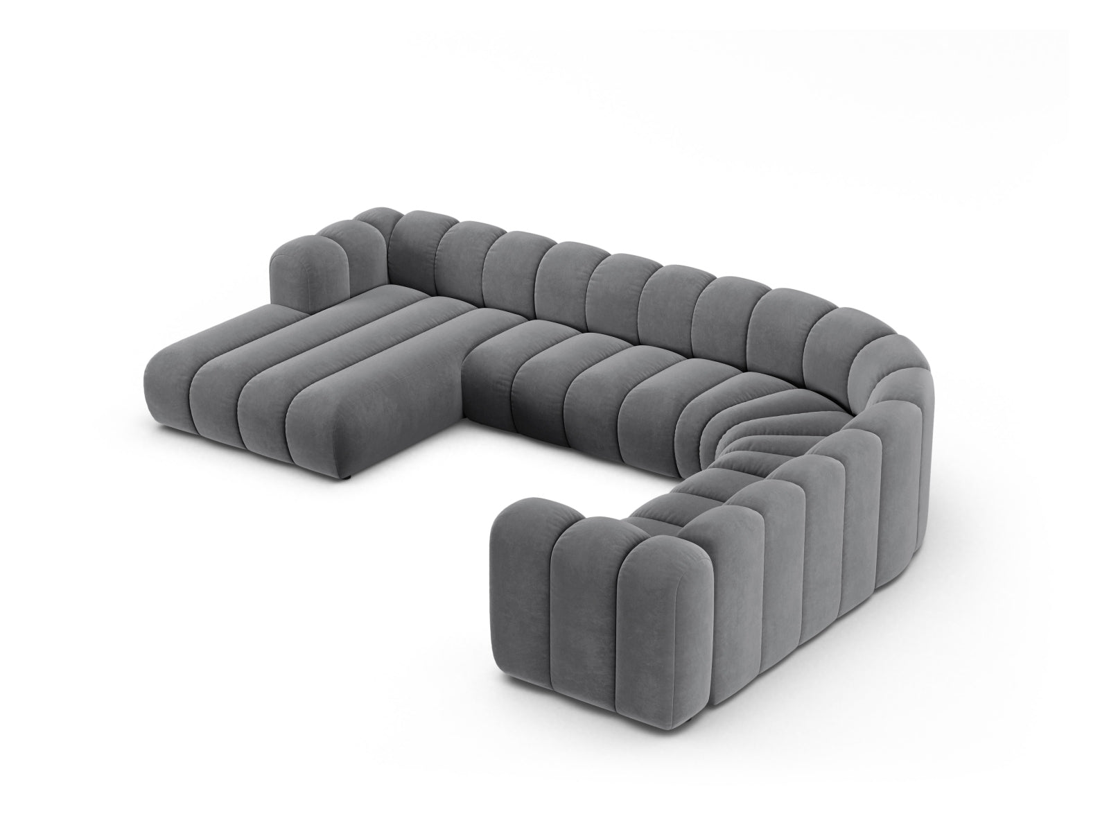 Modulares Ecksofa Lupine in Velours, rechtsseitig, 6-Sitzer in modernem Grau, perfekt für gemütliche und stilvolle Wohnbereiche.