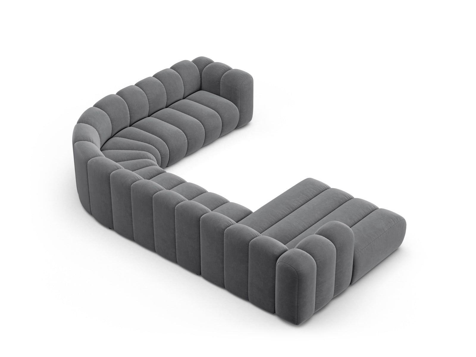 Elegantes, modernes 6-Sitzer Ecksofa Lupine in grauem Velours, rechtsseitig, ideal für stilvolle und einladende Wohnräume.