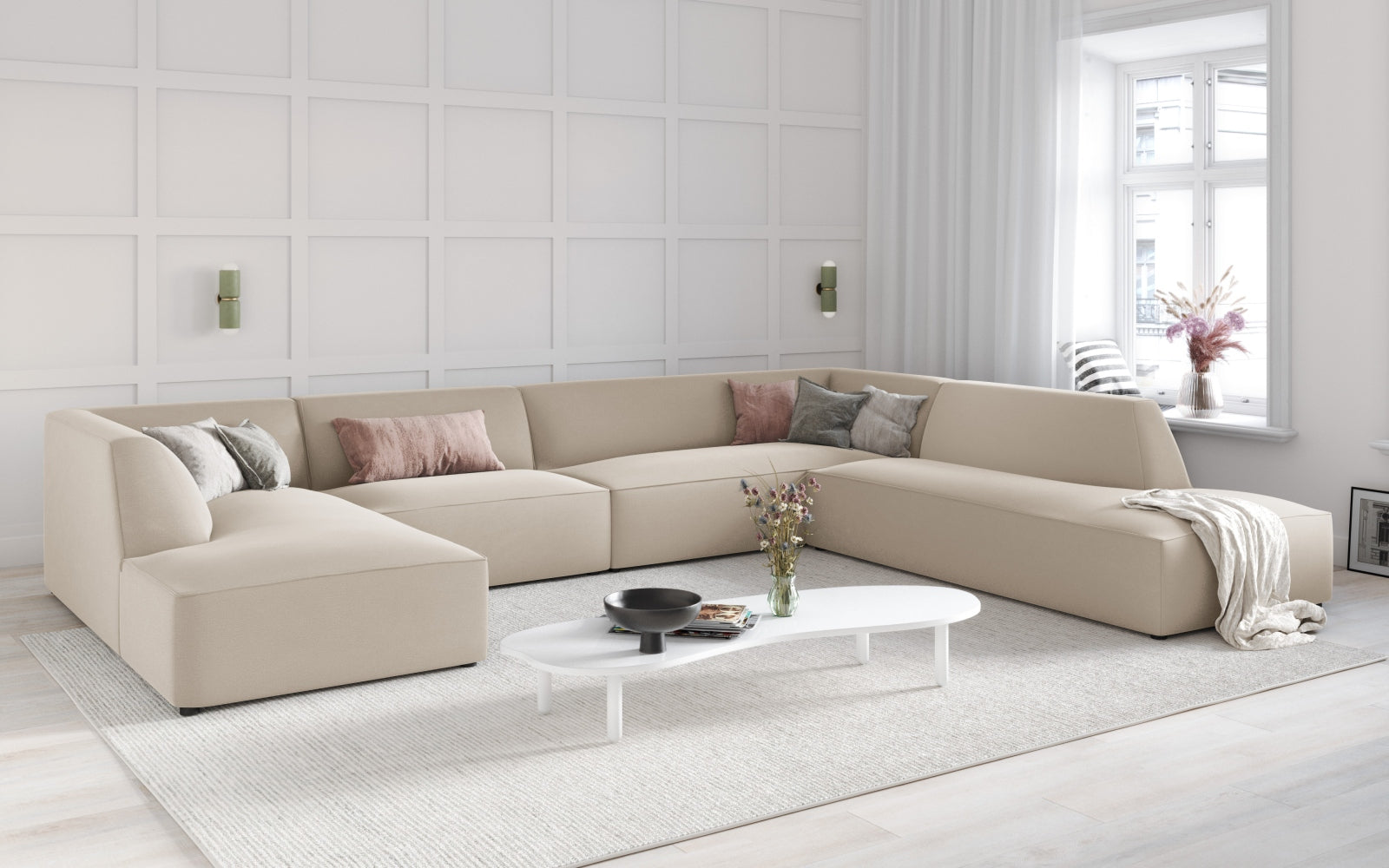 Entdecken Sie das stilvolle Ruby Velour Panoramic Ecksofa rechts 7 Sitzer von Micadoni – ideal für Komfort und Eleganz in Ihrem Wohnzimmer.