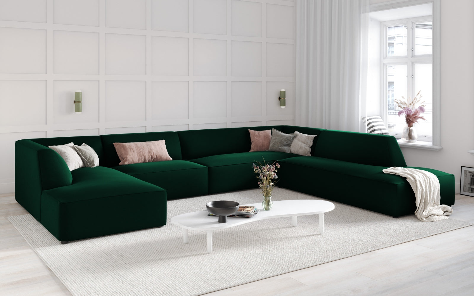 Elegantes Ruby Velour Panoramic Ecksofa rechts, 7 Sitzer in stilvollem Design, ideal für moderne Wohnräume, präsentiert von Micadoni.