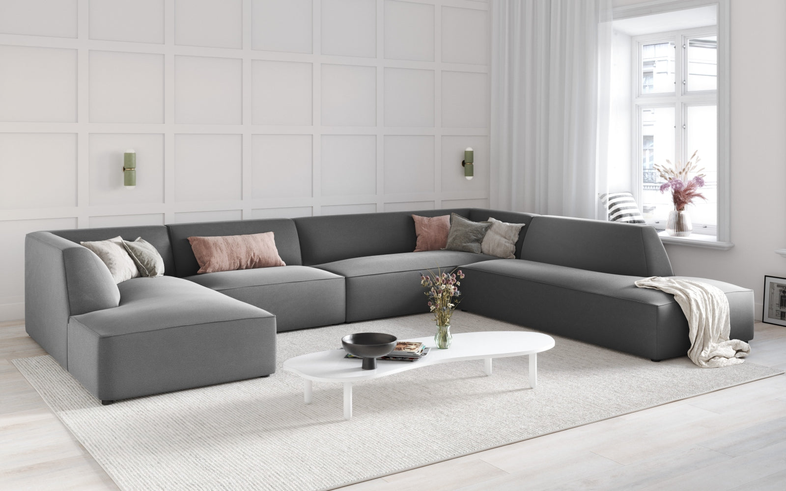 Elegantes Ruby Velour Panoramic Ecksofa rechts, 7 Sitzer in stilvollem Design, ideal für moderne Wohnräume, präsentiert von Micadoni.