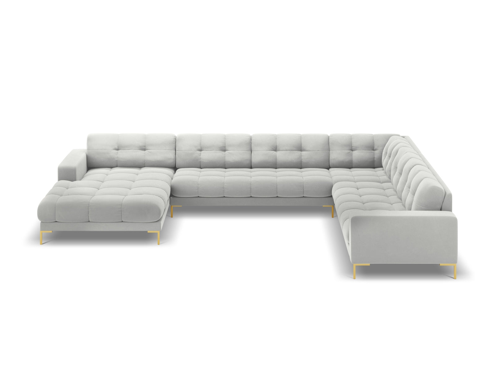 Entdecken Sie das Mamaia Velour Panoramic Ecksofa rechts – ein stilvolles 7-Sitzer Sofa von Micadoni, das Komfort und Eleganz vereint.