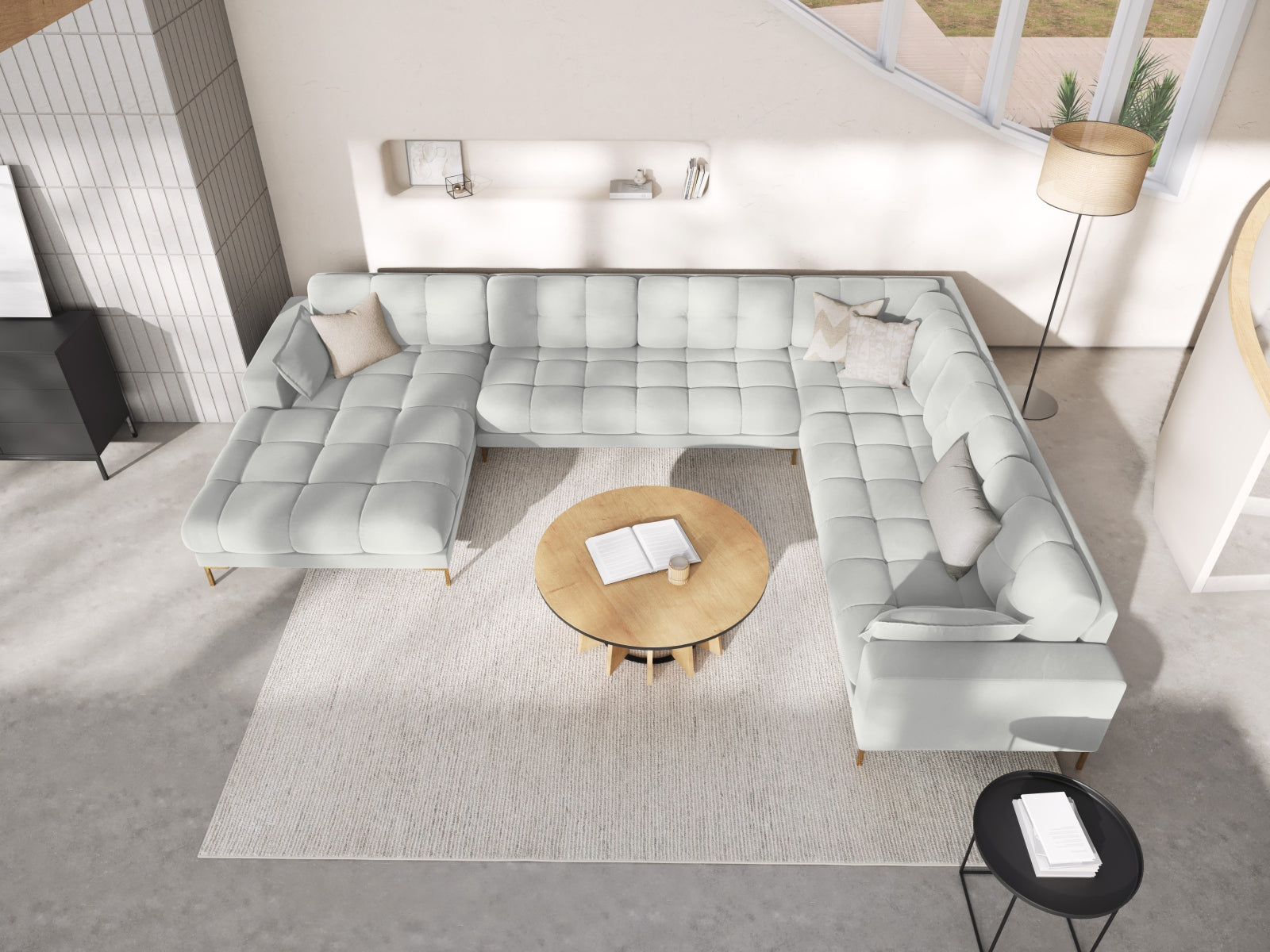 Luxuriöses Mamaia Velour Panoramic Ecksofa rechts – 7-Sitzer von Micadoni. Elegantes Design, hoher Komfort und pflegeleichte Materialien für Ihr Wohnzimmer.