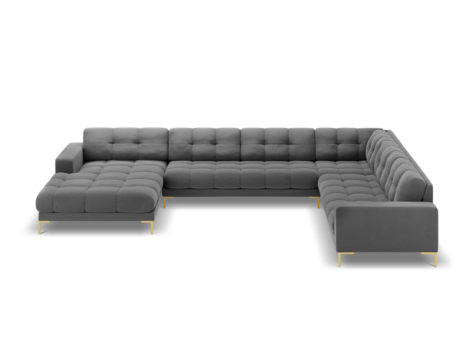 Entdecken Sie das Mamaia Velour Panoramic Ecksofa rechts – ein stilvolles 7-Sitzer Sofa von Micadoni, das Komfort und Eleganz vereint.