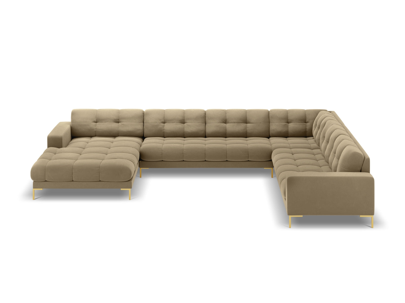 Entdecken Sie das Mamaia Velour Panoramic Ecksofa rechts – ein stilvolles 7-Sitzer Sofa von Micadoni, das Komfort und Eleganz vereint.