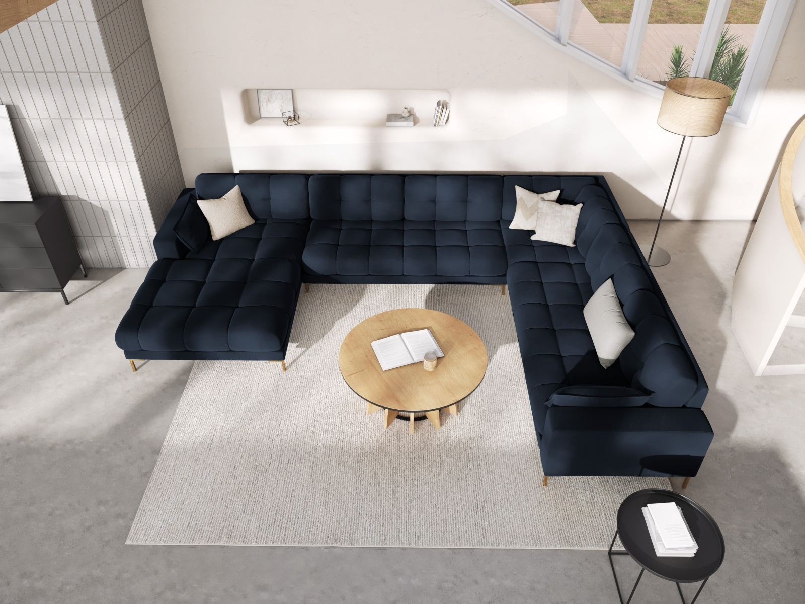 Luxuriöses Mamaia Velour Panoramic Ecksofa rechts – 7-Sitzer von Micadoni. Elegantes Design, hoher Komfort und pflegeleichte Materialien für Ihr Wohnzimmer.