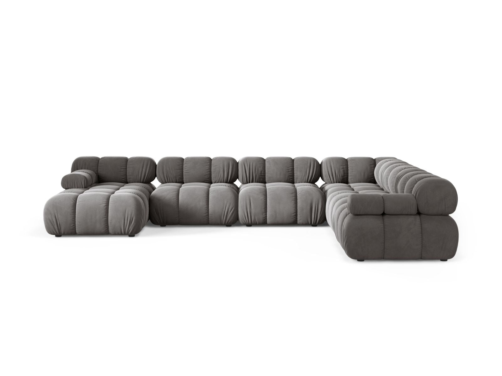 Elegantes 8-Sitzer Ecksofa Bellis in Light Grey-Bluvel, ideal für moderne Wohnräume, bietet Komfort und Stil für gesellige Abende.