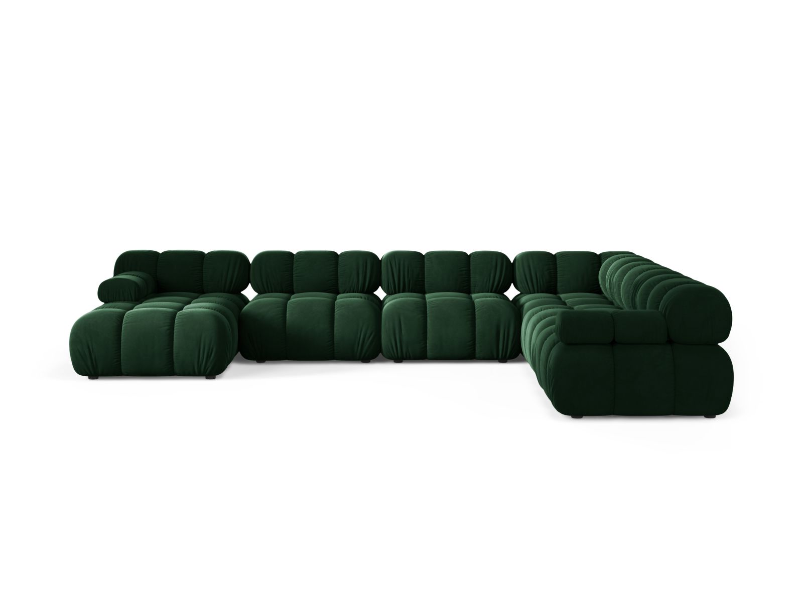 Elegantes 8-Sitzer Ecksofa Bellis in Bottle Green-Bluvel, ideal für stilvolle Wohnräume, präsentiert sich in modernem Design.